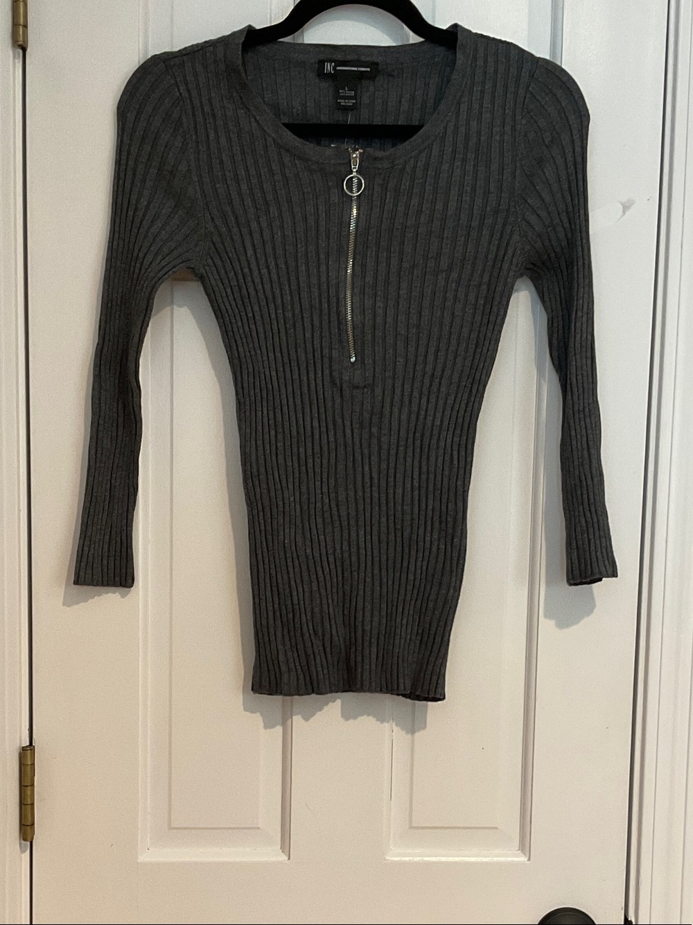INC International Concepts Charcoal Ribbed Zip-Neck Sweater